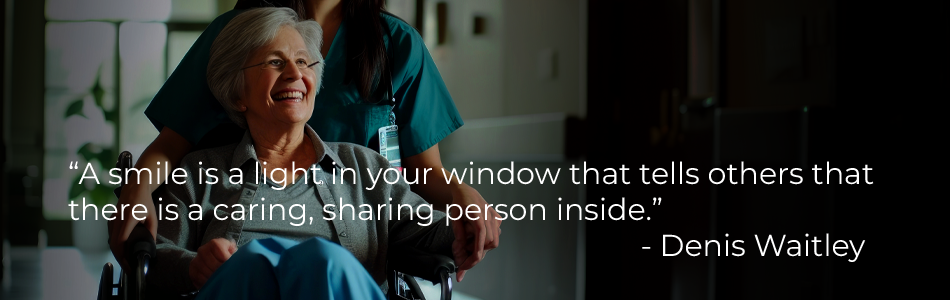 A smile is a light in your window that tells others that there is a caring, sharing person inside, popular quotes from Denis Waitley